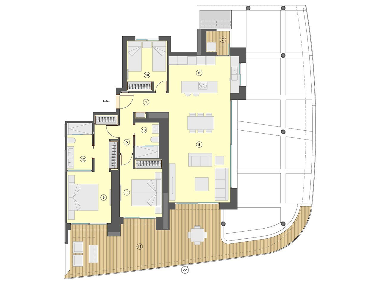 Wohnungen mit 3 Schlafzimmern, 2 Bädern, Klimaanlage, Fußbodenheizung in Bädern, Kfz-Stellplatz und Meerblick nur 100 m vom Strand
