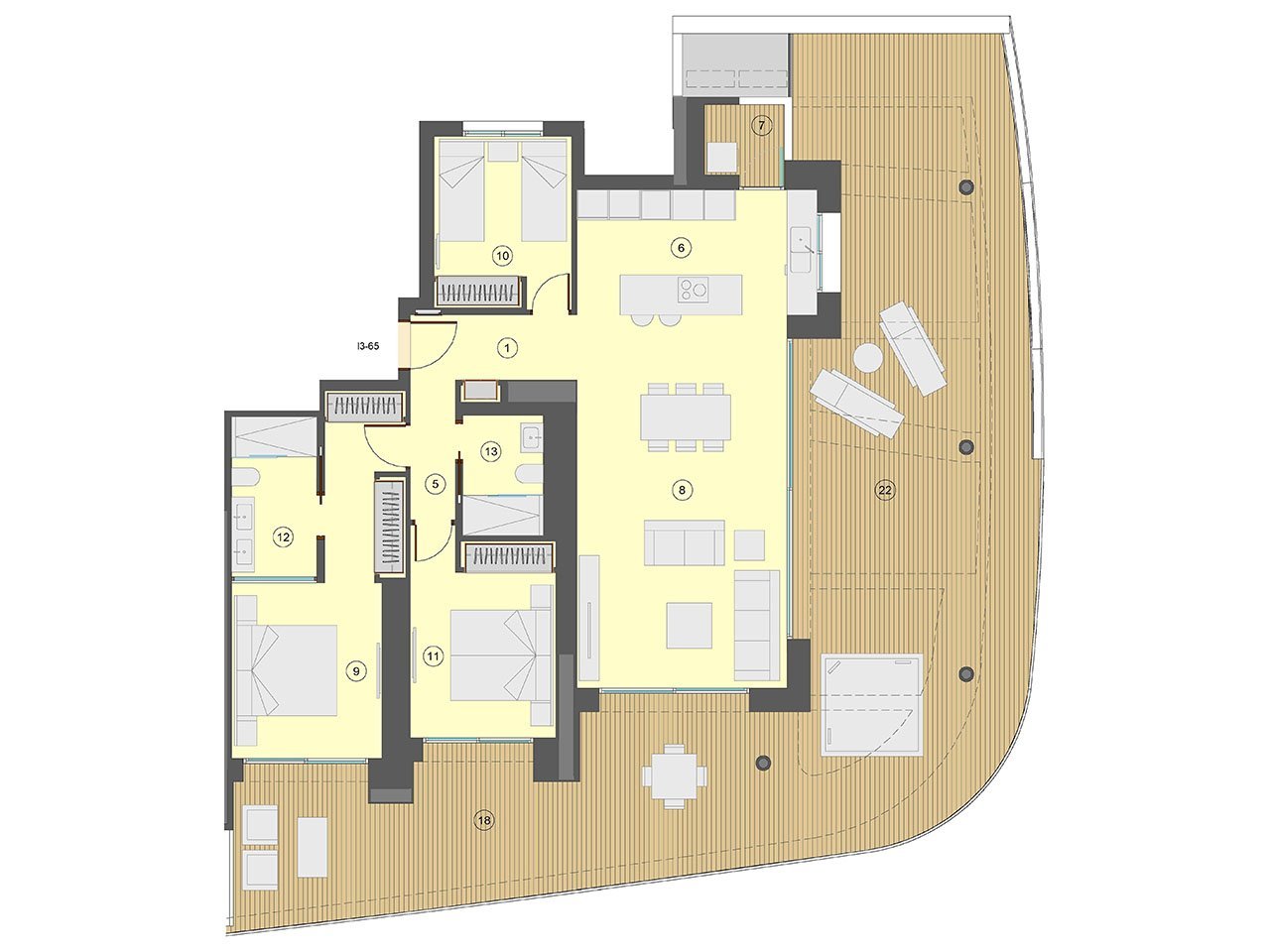 Wohnungen mit 3 Schlafzimmern, 2 Bädern, Klimaanlage, Fußbodenheizung in Bädern, Kfz-Stellplatz und Meerblick nur 100 m vom Strand