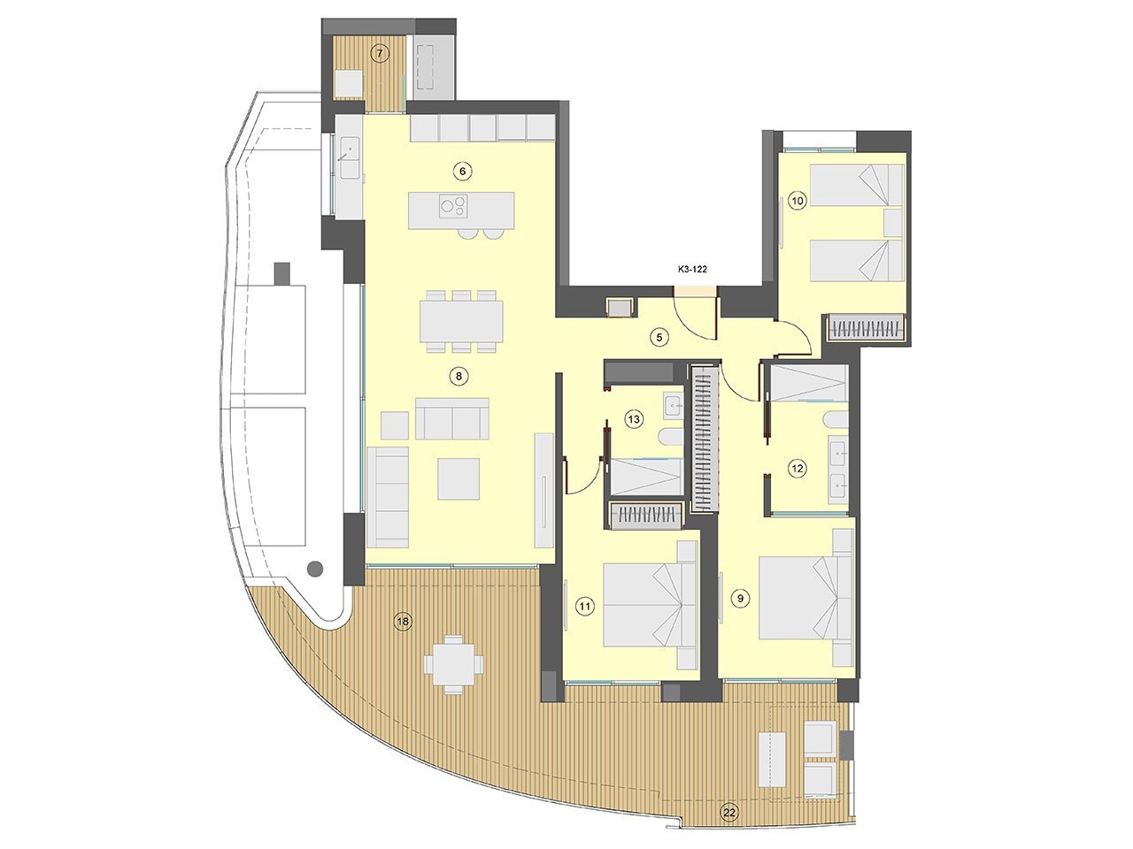 Wohnungen mit 3 Schlafzimmern, 2 Bädern, Klimaanlage, Fußbodenheizung in Bädern, Kfz-Stellplatz und Meerblick nur 100 m vom Strand