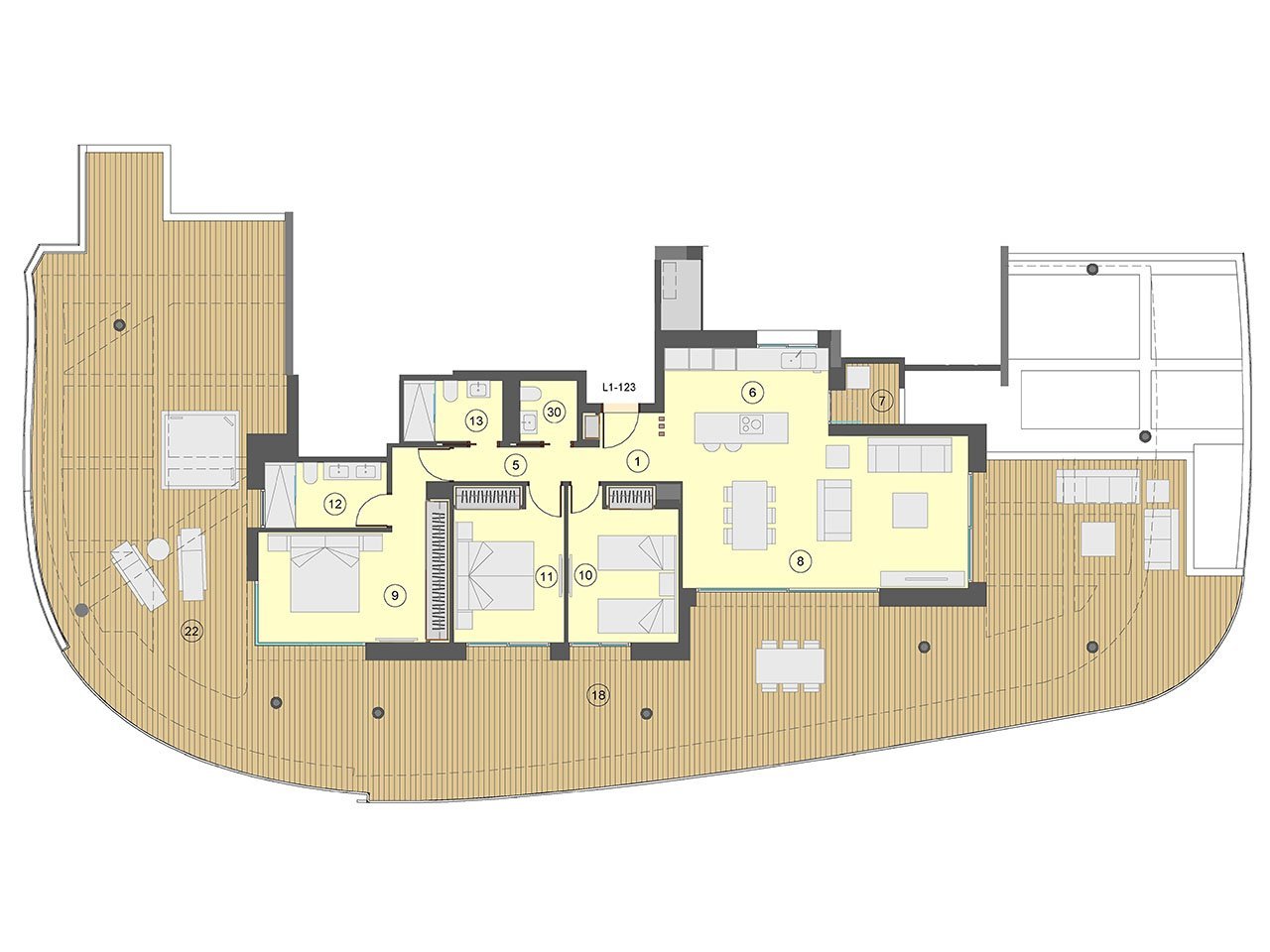 Wohnungen mit 3 Schlafzimmern, 2 Bädern, Klimaanlage, Fußbodenheizung in Bädern, Kfz-Stellplatz und Meerblick nur 100 m vom Strand