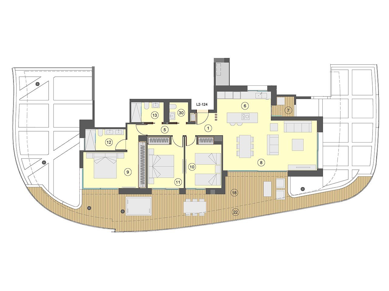 Wohnungen mit 3 Schlafzimmern, 2 Bädern, Klimaanlage, Fußbodenheizung in Bädern, Kfz-Stellplatz und Meerblick nur 100 m vom Strand