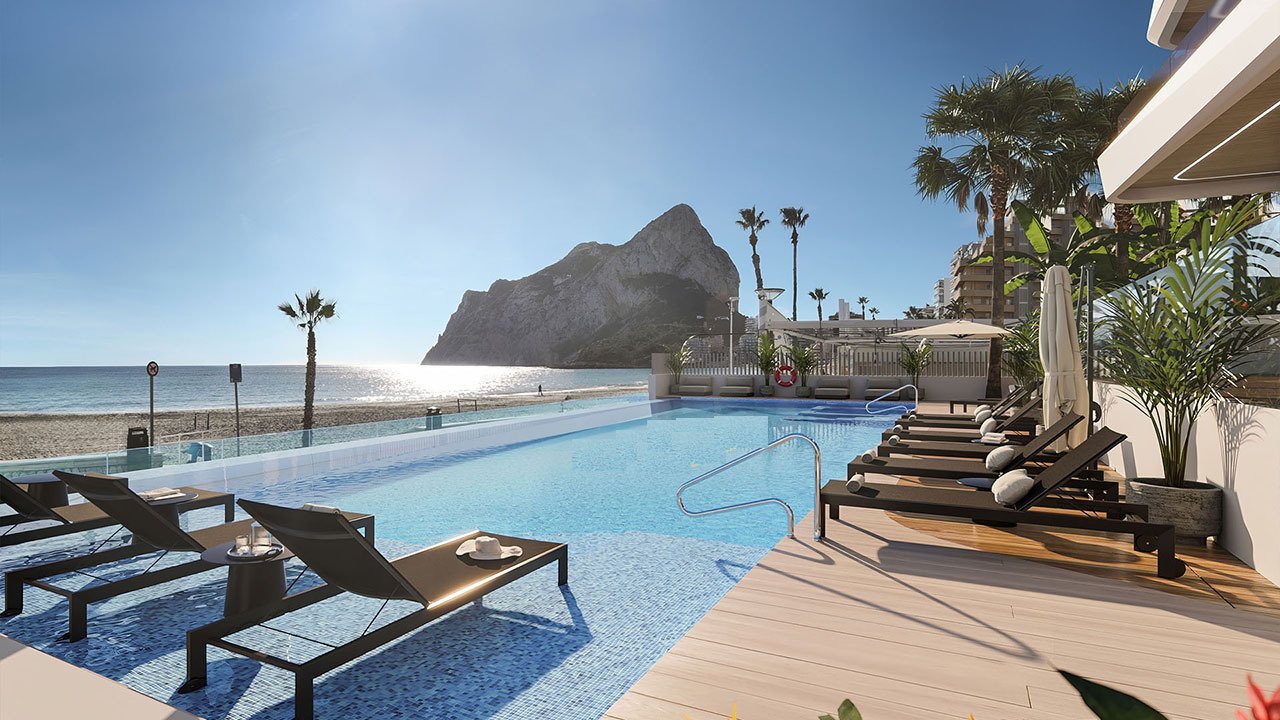 Calpe: Wohnungen mit 2 Schlafzimmern, 2 Bädern, Klimaanlage, Fußbodenheizung in Bädern, Kfz-Stellplatz und Meerblick in erster Linie am Strand 