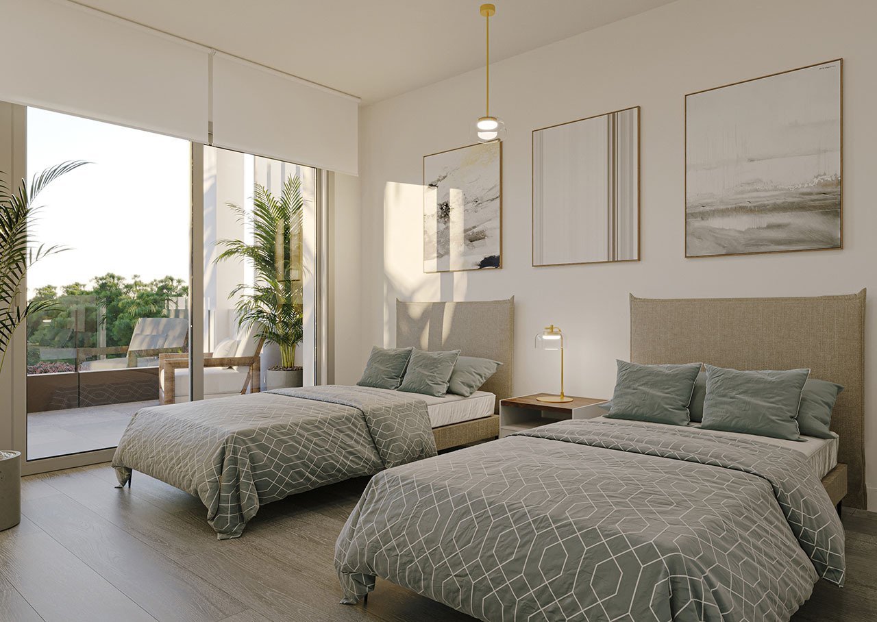 Appartements mit 2 Schlafzimmern, 2 Bädern, Fußbodenheizung in Bädern, Klimaanlage und Gemeinschaftspool nur 300 m vom Strand