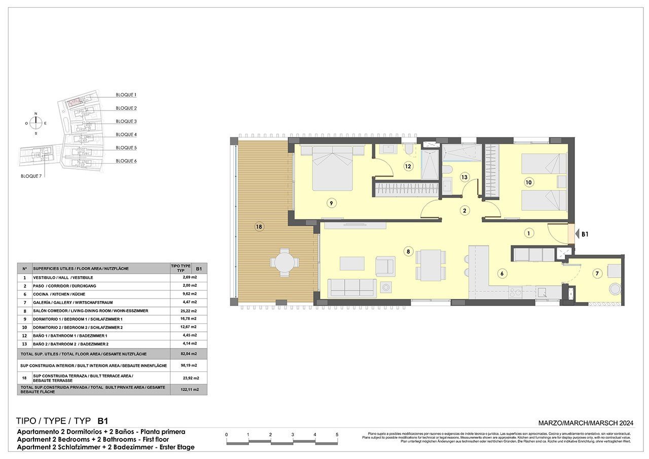 Appartements mit 2 Schlafzimmern, 2 Bädern, Fußbodenheizung in Bädern, Klimaanlage und Gemeinschaftspool nur 300 m vom Strand