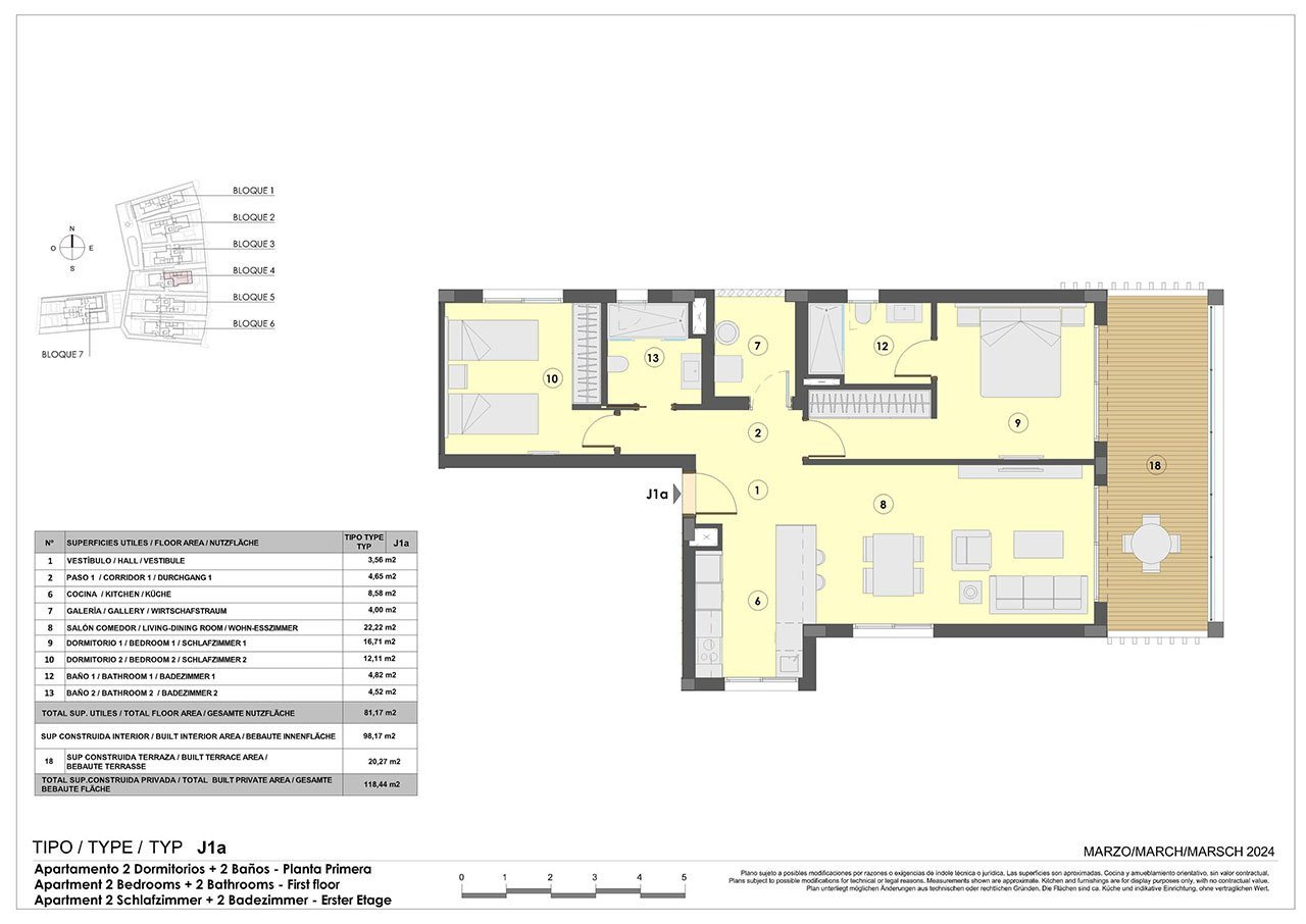 Appartements mit 2 Schlafzimmern, 2 Bädern, Fußbodenheizung in Bädern, Klimaanlage und Gemeinschaftspool nur 300 m vom Strand