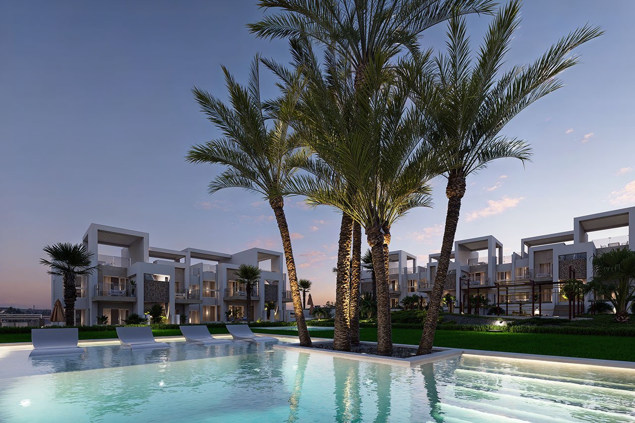 Erdgeschoss-Wohnungen mit 2 Schlafzimmern, 2 Bädern, Klimaanlage, Einbauküchen mit Elektrogeräten, Kfz-Stellplatz und Gemeinschaftspool