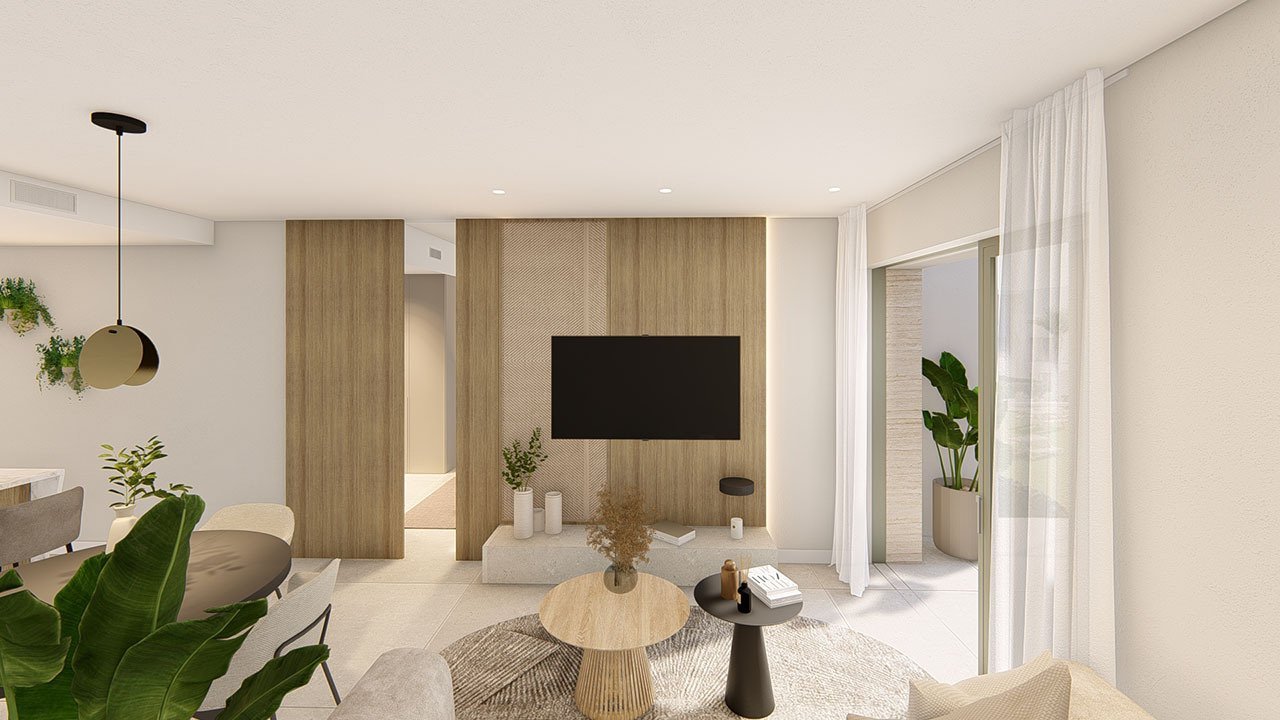 Obergeschoss-Wohnungen mit 2 Schlafzimmern, 2 Bädern, Dachterrasse, Klimaanlage, Einbauküchen mit Elektrogeräten, Kfz-Stellplatz und Gemeinschaftspool