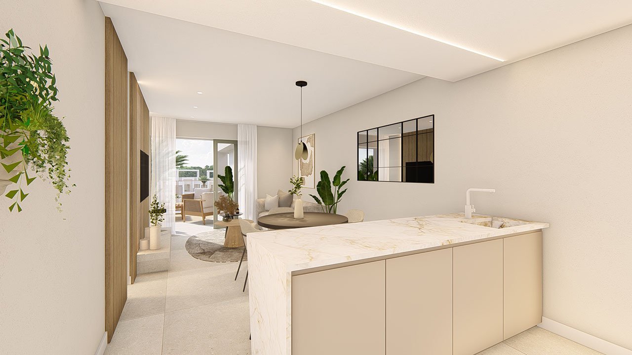 Obergeschoss-Wohnungen mit 2 Schlafzimmern, 2 Bädern, Dachterrasse, Klimaanlage, Einbauküchen mit Elektrogeräten, Kfz-Stellplatz und Gemeinschaftspool