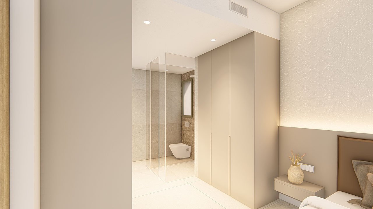 Obergeschoss-Wohnungen mit 2 Schlafzimmern, 2 Bädern, Dachterrasse, Klimaanlage, Einbauküchen mit Elektrogeräten, Kfz-Stellplatz und Gemeinschaftspool