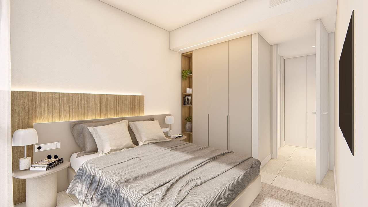 Obergeschoss-Wohnungen mit 2 Schlafzimmern, 2 Bädern, Dachterrasse, Klimaanlage, Einbauküchen mit Elektrogeräten, Kfz-Stellplatz und Gemeinschaftspool