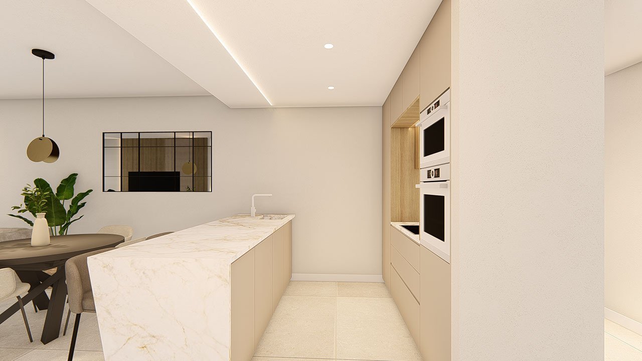 Erdgeschoss-Wohnungen mit 3 Schlafzimmern, 2 Bädern, Klimaanlage, Einbauküchen mit Elektrogeräten, Kfz-Stellplatz und Gemeinschaftspool