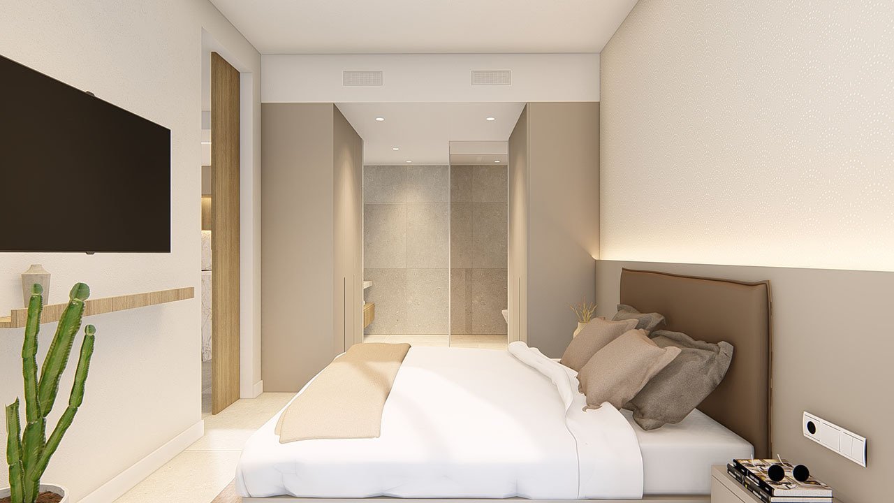 Erdgeschoss-Wohnungen mit 3 Schlafzimmern, 2 Bädern, Klimaanlage, Einbauküchen mit Elektrogeräten, Kfz-Stellplatz und Gemeinschaftspool