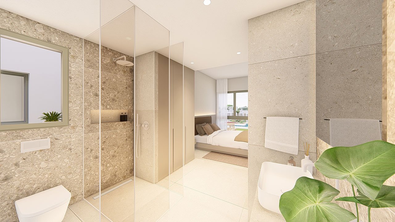 Erdgeschoss-Wohnungen mit 3 Schlafzimmern, 2 Bädern, Klimaanlage, Einbauküchen mit Elektrogeräten, Kfz-Stellplatz und Gemeinschaftspool