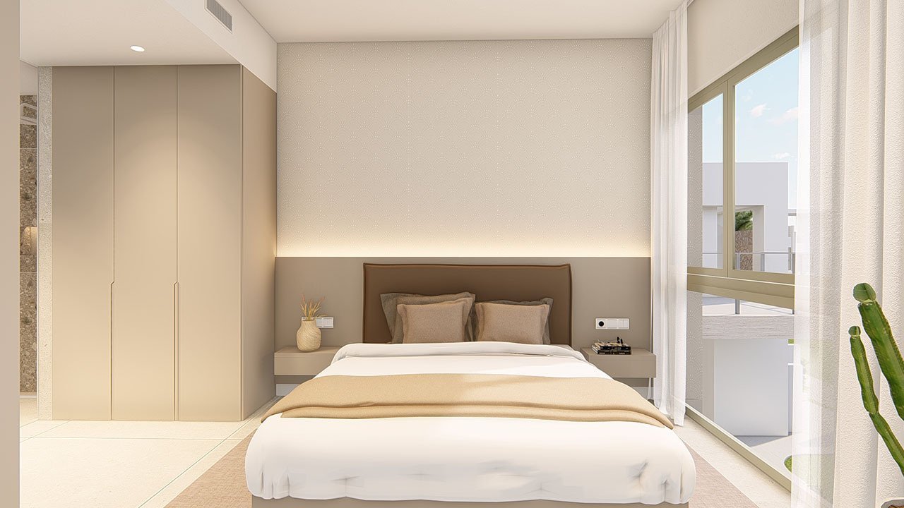 Obergeschoss-Wohnungen mit 3 Schlafzimmern, 2 Bädern, Dachterrasse, Klimaanlage, Einbauküchen mit Elektrogeräten, Kfz-Stellplatz und Gemeinschaftspool