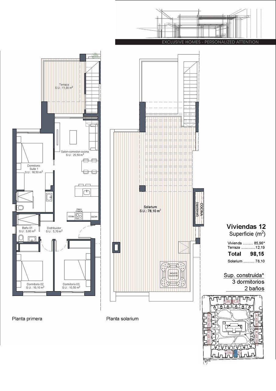Obergeschoss-Wohnungen mit 3 Schlafzimmern, 2 Bädern, Dachterrasse, Klimaanlage, Einbauküchen mit Elektrogeräten, Kfz-Stellplatz und Gemeinschaftspool