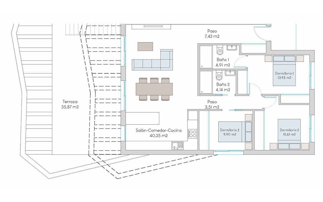 Obergeschoss-Wohnungen mit 3 Schlafzimmern, 2 Bädern, Dachterrasse, Gemeinschaftspool und Meerblick