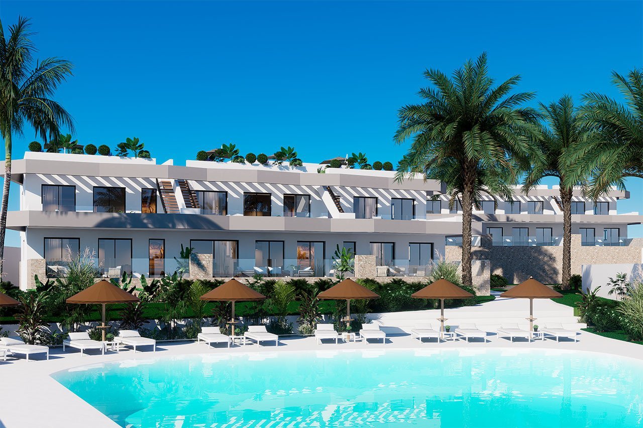 Finestrat: Erdgeschoss-Wohnungen mit 2 Schlafzimmern, 2 Bädern, großer Terrasse, Gemeinschaftspool und Meerblick 