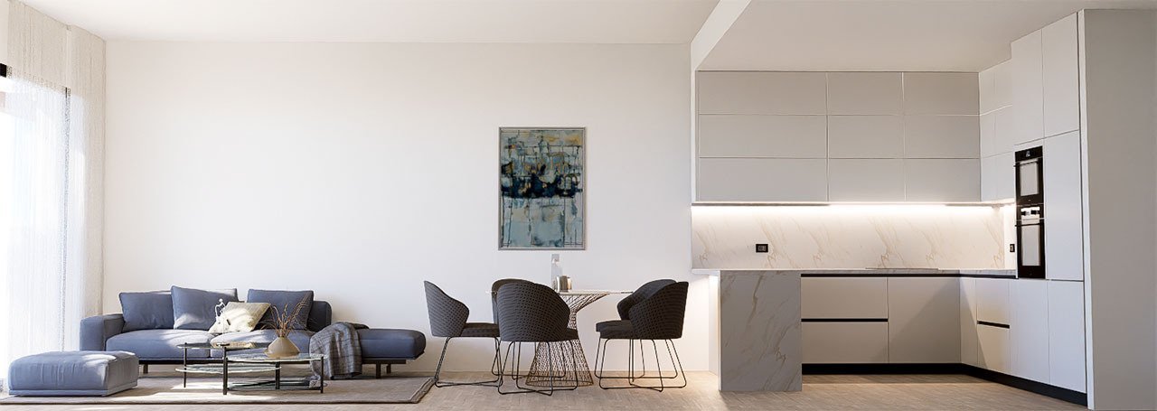 Erdgeschoss-Wohnungen mit 2 Schlafzimmern, 2 Bädern, großer Terrasse, Gemeinschaftspool und Meerblick