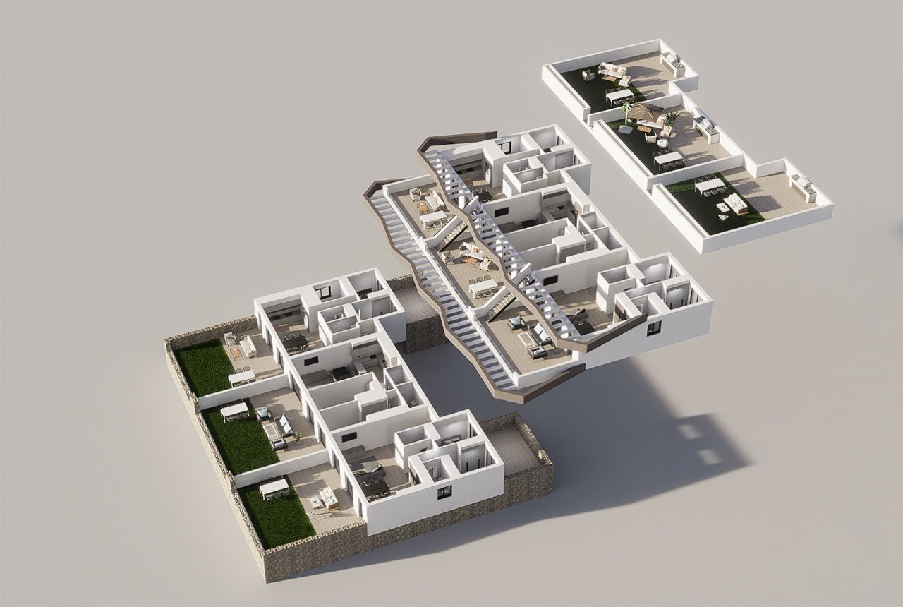 Erdgeschoss-Wohnungen mit 2 Schlafzimmern, 2 Bädern, großer Terrasse, Gemeinschaftspool und Meerblick