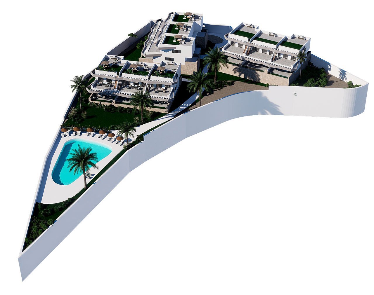 Erdgeschoss-Wohnungen mit 2 Schlafzimmern, 2 Bädern, großer Terrasse, Gemeinschaftspool und Meerblick