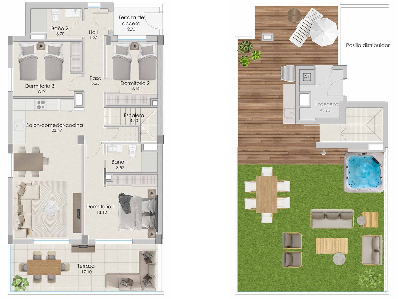Penthouse-Wohnungen mit 3 Schlafzimmern, 2 Bädern, Vorinstallation Klimaanlage, Kfz-Stellplatz, Meerblick und Gemeinschaftspool nur 100 m vom Strand