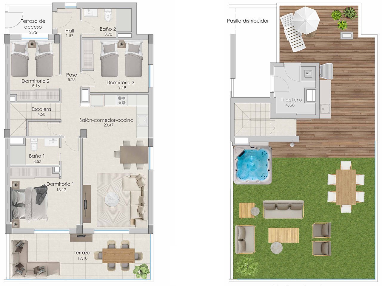 Penthouse-Wohnungen mit 3 Schlafzimmern, 2 Bädern, Vorinstallation Klimaanlage, Kfz-Stellplatz, Meerblick und Gemeinschaftspool nur 100 m vom Strand