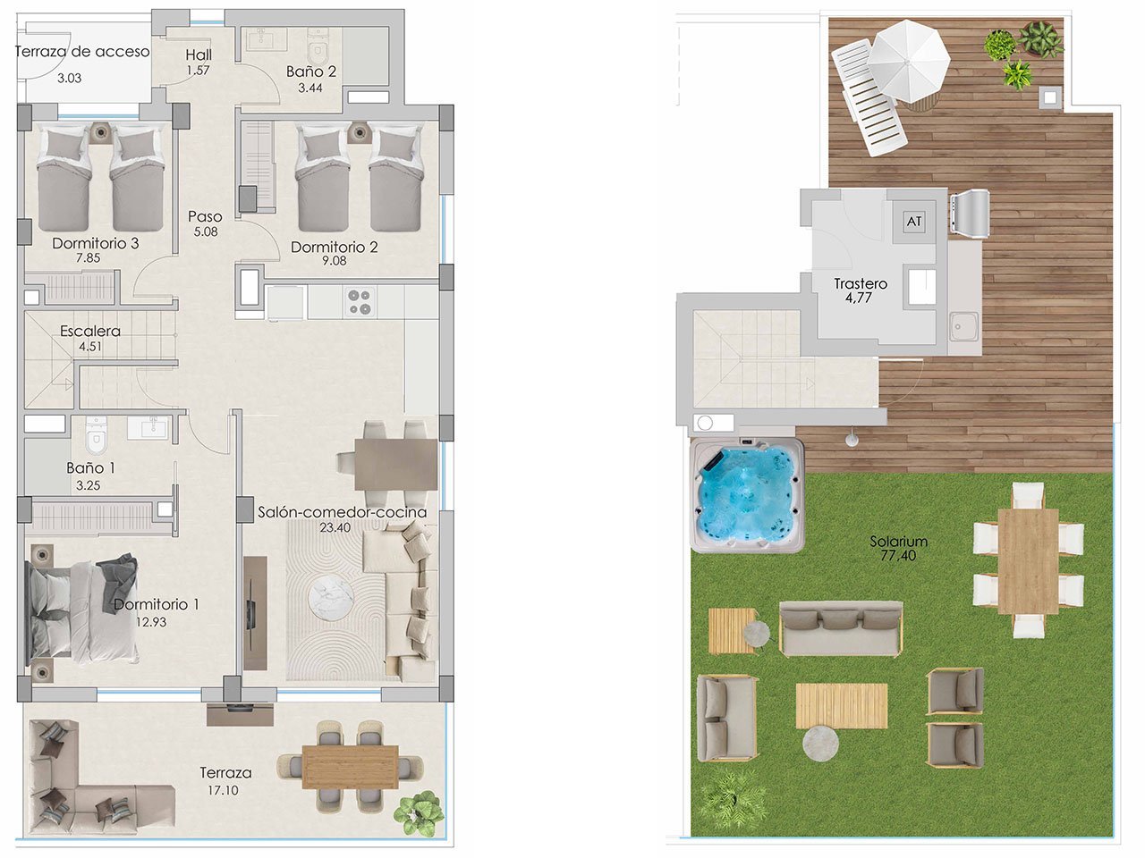 Penthouse-Wohnungen mit 3 Schlafzimmern, 2 Bädern, Vorinstallation Klimaanlage, Kfz-Stellplatz, Meerblick und Gemeinschaftspool nur 100 m vom Strand