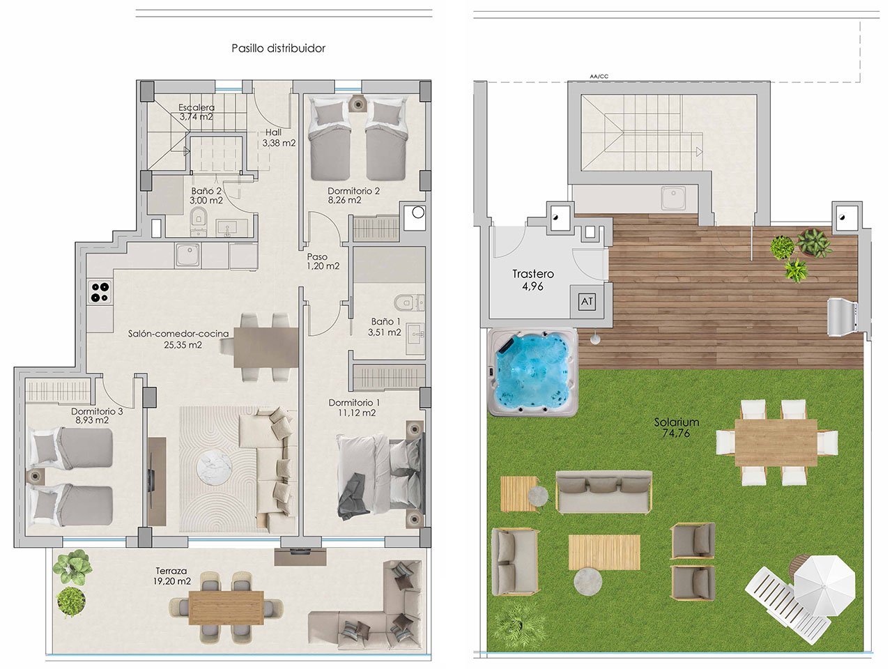 Penthouse-Wohnungen mit 3 Schlafzimmern, 2 Bädern, Vorinstallation Klimaanlage, Kfz-Stellplatz, Meerblick und Gemeinschaftspool nur 100 m vom Strand