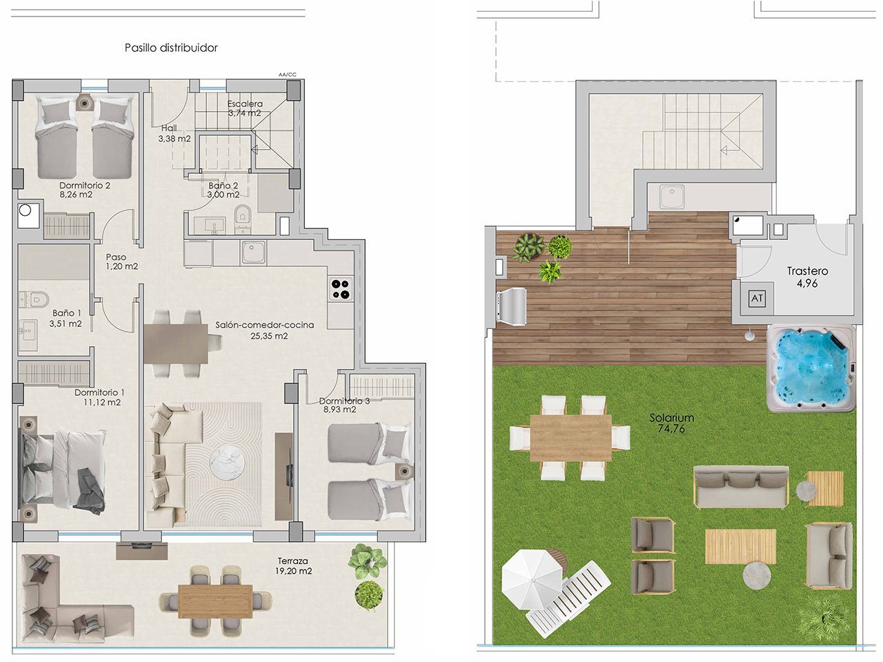 Penthouse-Wohnungen mit 3 Schlafzimmern, 2 Bädern, Vorinstallation Klimaanlage, Kfz-Stellplatz, Meerblick und Gemeinschaftspool nur 100 m vom Strand